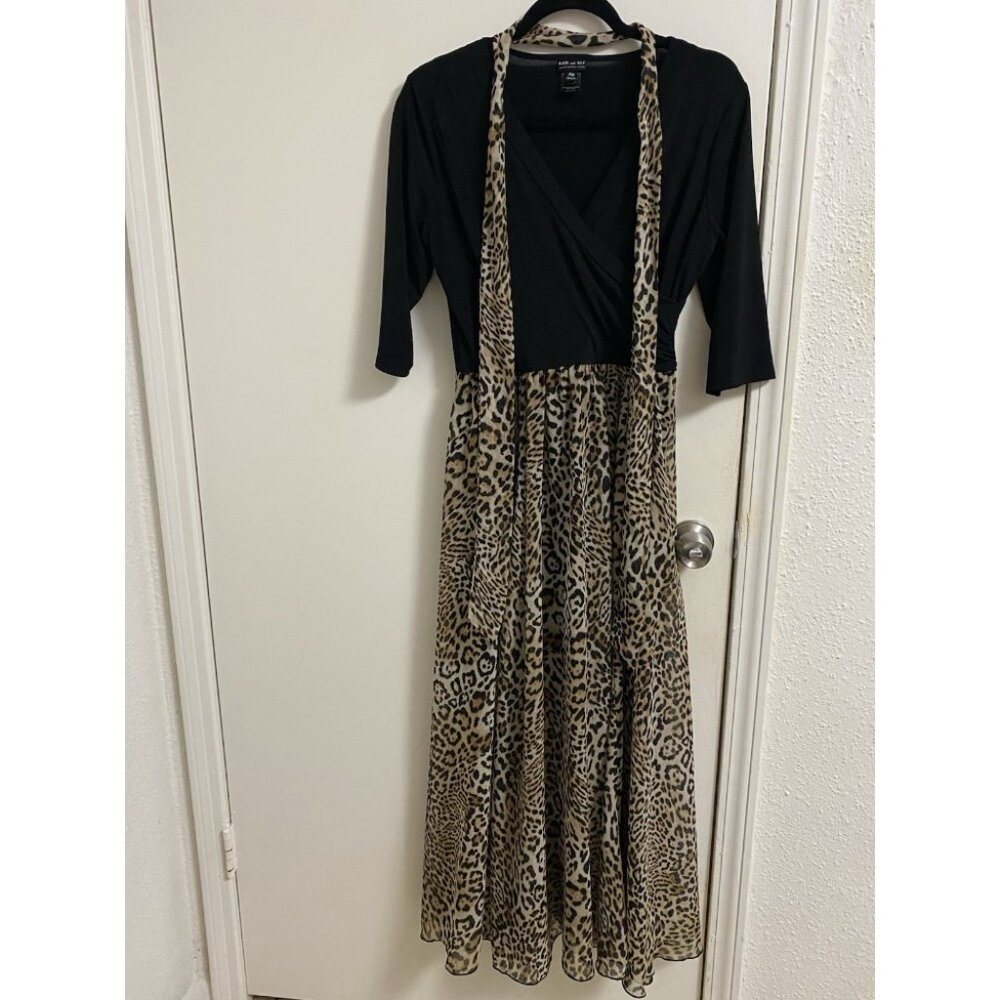Kate & Lily Petite Medium PM Black Faux Wrap Leopard Print Maxi Dress